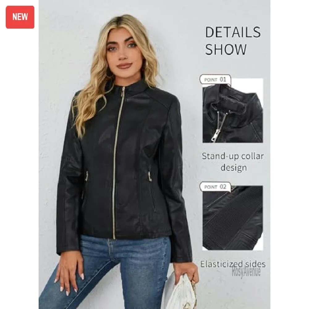 Faux Leather Motorcycle Jacket with Quilted Design and Pockets - Picture 6 of 8